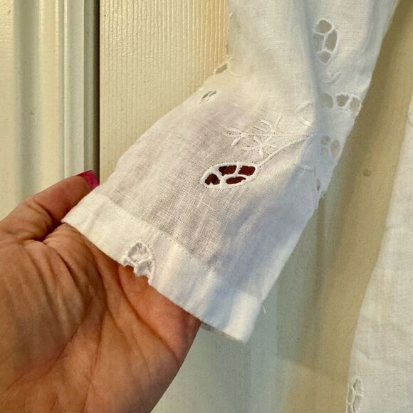 Rebecca Taylor Terri Dress Embroidered White Linen Midi Dress with Tie Back 4 - Picture 4 of 12